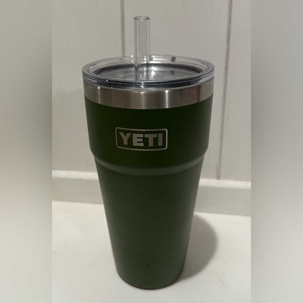YETI Rambler 26 oz Stackable Cup with a straw lid in the Highlands Olive color